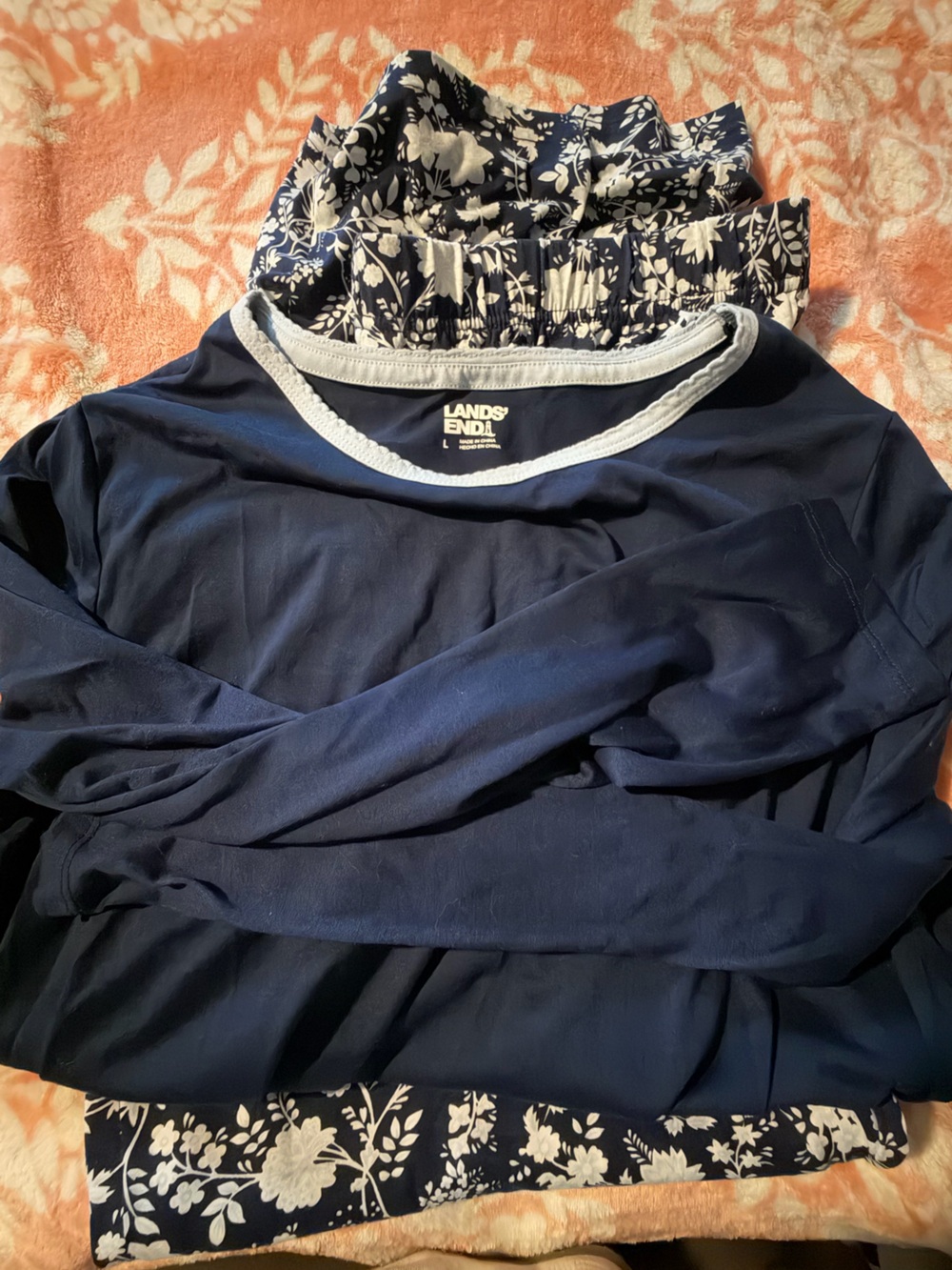 Lands' End Navy Long Sleeve Crew Top with Contrast Trim